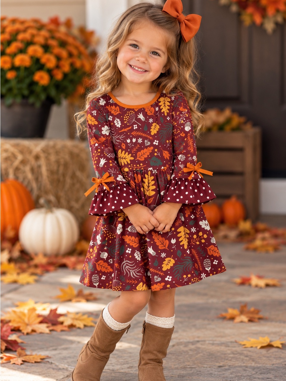 Brown Leaf Ruffle-Sleeve A-Line Dress
